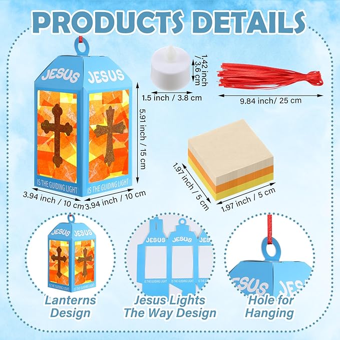 Simgoing 12 Religious Cross Lanterns Crafts with LED Candles Lights Jesus Lights The Way Sunday School Tissue Paper DIY Oil Lamp Cross Hanging Ornament Vsb Church Activity