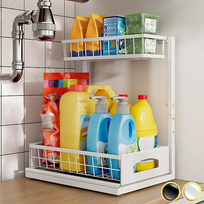Under Sink Organizer, Cabinet Organizer for Kitchen, Height Adjustable Pull Out Heavy Duty 2 Tier Metal Under Sink Storage for Bathroom Pantry (White, 1 Pack)