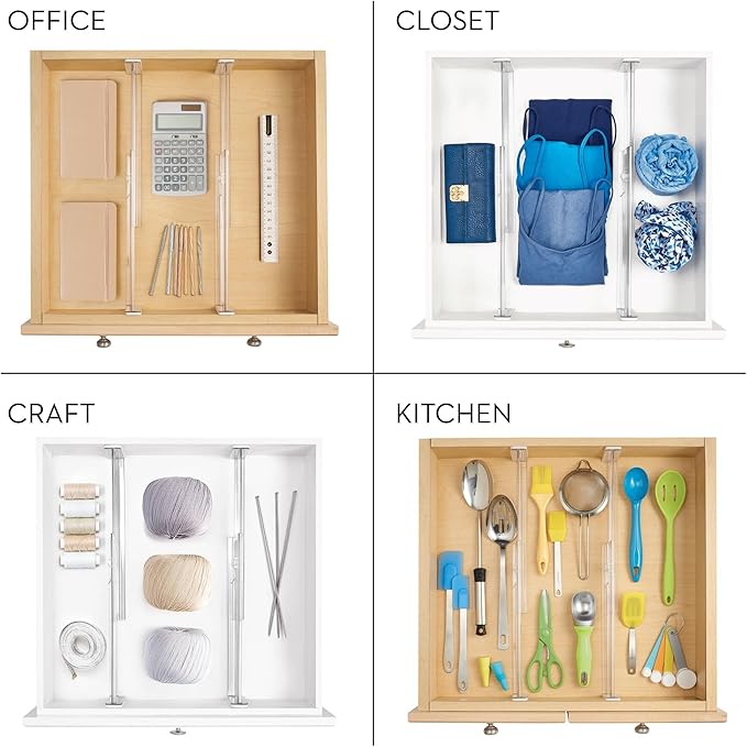iDesign Plastic Adjustable Deep Drawer Dividers for Kitchen or Dresser Drawers - Set of 4 - Clear
