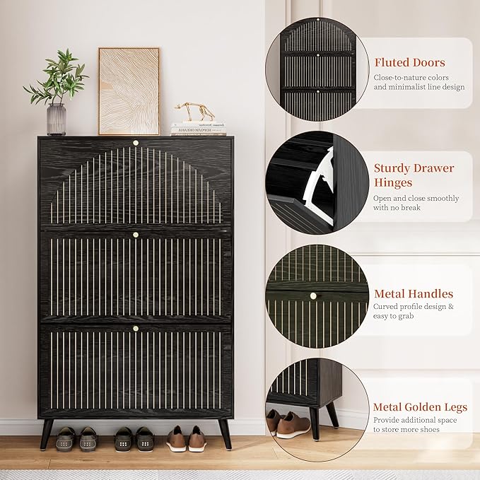 Fsbecl Shoe Storage Cabinet for Entryway with 3 Flip Drawers, Narrow Shoe Organizer with Fluted Panel, Freestanding Wood Hidden Shoe Cabinet for Hallway(Black, 31.4''W, Double Layer)