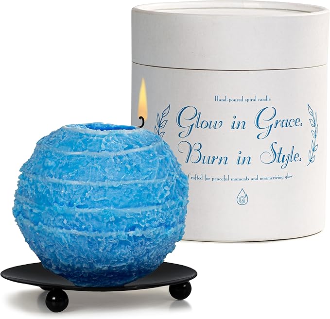 Spiral Light Candles Burn Around, Unscented Unique Shaped Decorative Candle on Metal Base, 4.5" Blue Beeswax Soy Wax Candle, 4h Burn, Twisted Wave Design, Gifts for Him Her, 10oz
