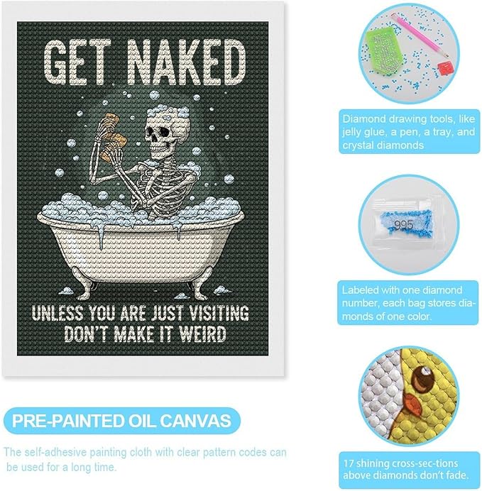 KIVJMSIDJA Skull —Get Naked Unless You are Just Visiting Diamond Painting Kits for Adults,Diamond Art Kits for Beginners 5D Round Diamond 12"x16"