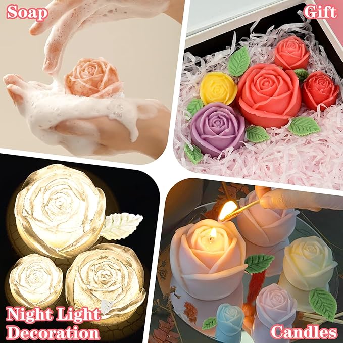 4 Pack Rose Candle Molds with Leaf Mold, Set of Large + Medium + Small 3D Rose Flower Silicone Molds for Candles Making Epoxy Resin Casting Handmade Soap Clay Plaster Home Décor Mom Gift