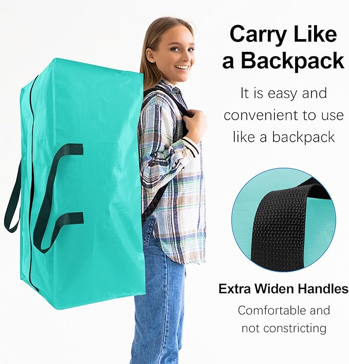 VELVETSURE 6 Pack Heavy Duty Large Moving Bags W/Backpack Straps - Strong Handles & Zippers, Storage Totes For Space Saving, Fold Flat, Alternative to Moving Box and Storage Bin, Aquamarine