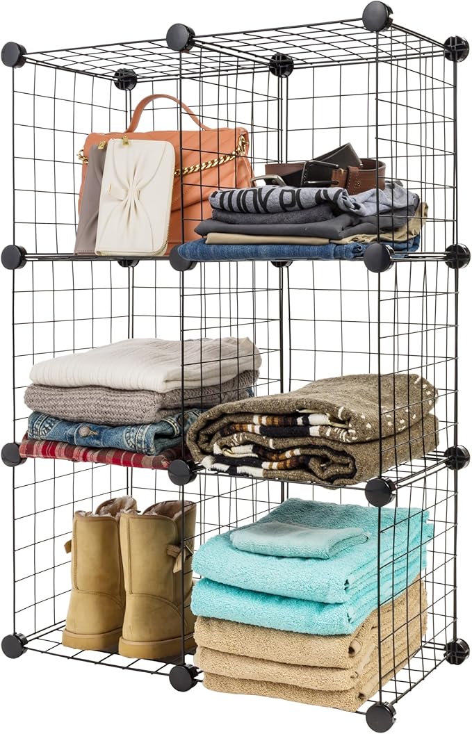 IRIS USA 6-Cube Modular Wire Cube Storage Organizer, Adjustable & Expandable Metal Shelving for Closet, Bathroom & Home Storage, Stackable Wire Grid, Black