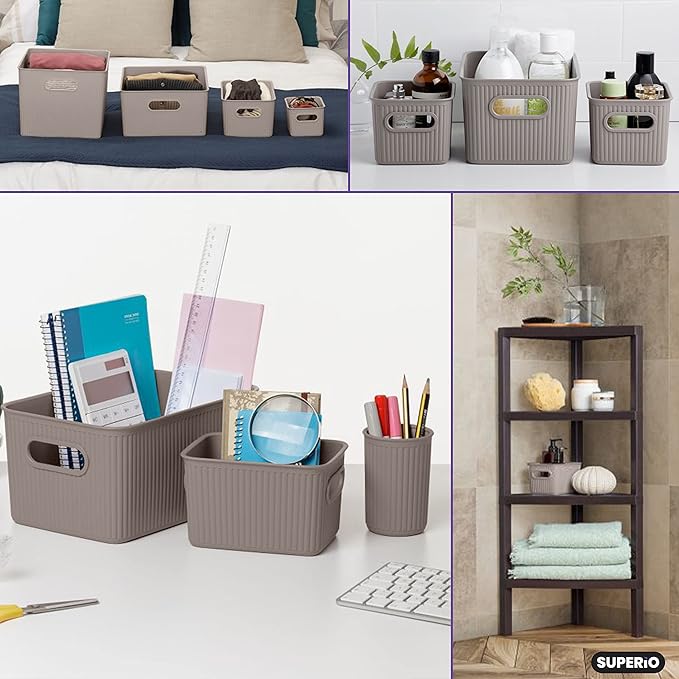 Superio Decorative Plastic Basket Open Home Storage Bins Organizer Baskets, Small, Taupe (8 Pack) Container Boxes for Organizing Closet Storage Bins for Shelves Drawer Shelf, 1.5 Liter