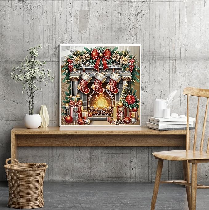 APTDYIGL 5D Christmas Diamond Painting Kits for Adults Beginner,DIY Christmas Fireplace Diamond Art Kits for Adults,Round Full Drill Diamond Dots with Gem Art Kits,Home Wall Decor 13.7X13.7inch