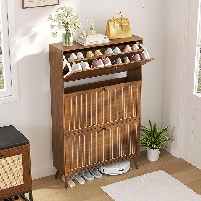 Fsbecl Shoe Storage Cabinet for Entryway with 3 Flip Drawers, Narrow Shoe Organizer with Fluted Panel, Freestanding Wood Hidden Shoe Cabinet for Hallway(Walnut, 31.4''W, Double Layer)