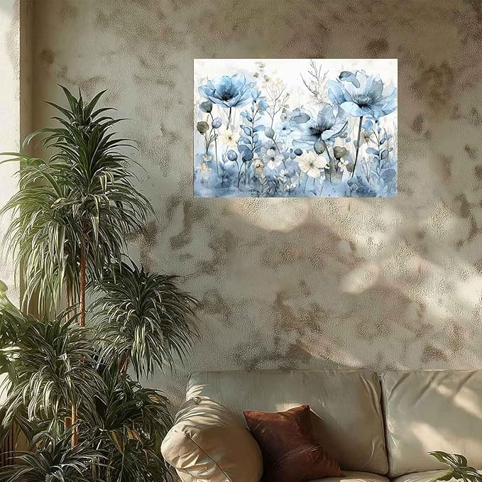 Soft Blue Watercolor Wildflowers Bouquet Paint by Numbers for Adults, Minimalist Floral DIY Painting Kit, Elegant Home Decor 24 Colors 20x24 inch Framed