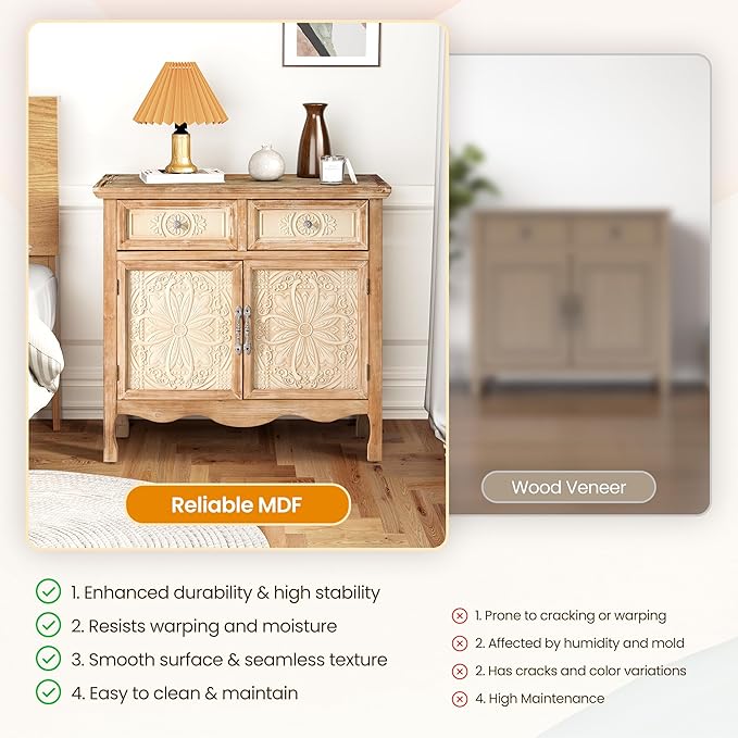 RoyalCraft Solid Wood Nightstand, Vintage Side Table with 2 Doors and 2 Drawers, Large End Table with Storage, Bedside Table for Bedroom, Living Room, French Romance Design, (Natural)