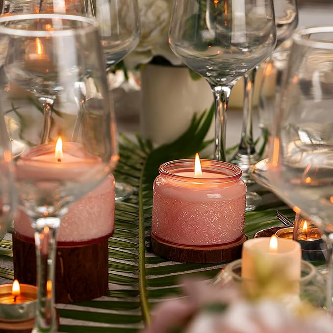 18-Pack 4oz Embossed Glass Candle Container with Bamboo Lids and Labels, Pink Candle Jars for Making Candles, Mandala Design