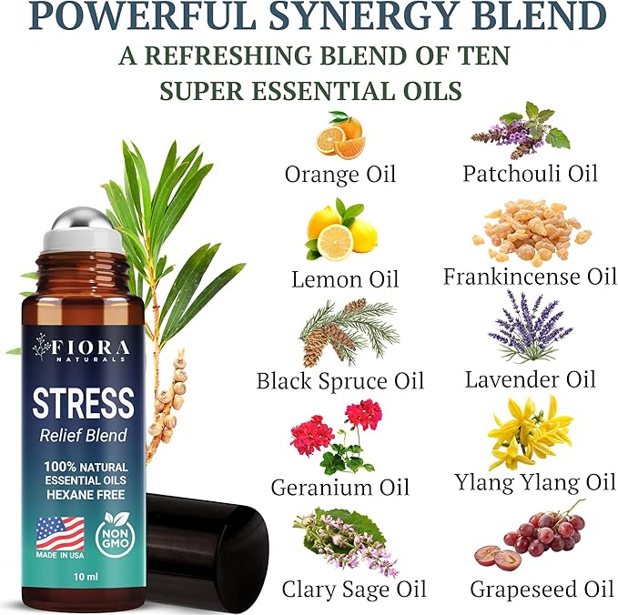 Stress Relief Essential Oil Roll On – Calming Essential Oils Blend for Relaxation & Wellness Rituals - Aromatherapy Roller, Destress Gifts for Women & Men by Fiora Naturals