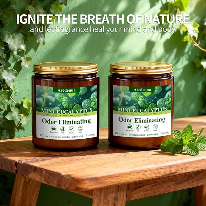 Mint Eucalyptus Odor Eliminating Candles | Eliminates 95% of Pet, Smoke & Bathroom Odors – 7 oz Hand Poured Non-Toxic Soy Candle - Air Freshing Scented Candles - Stress Relief Gifts for Women Men
