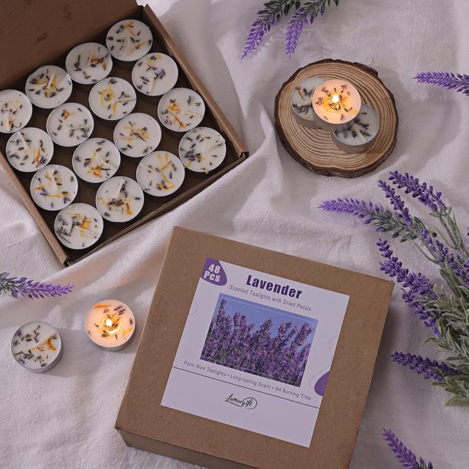 48 Pcs Lavender Scented Tealight Candles, 6H Long Burning - 100% Palm Wax Based Scented Tea Lights with Dried Flowers, Non-Toxic/Smokeless Scented Tea Lights Candles Bulk for Spa, Bath, Wedding