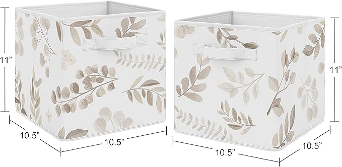 Sweet Jojo Designs Floral Leaf Foldable Fabric Storage Cube Bins Boxes Organizer Toys Kid Baby Children - Set of 2 - Ivory Cream Beige Taupe Gender Neutral Boho Watercolor Botanical Flower Woodland