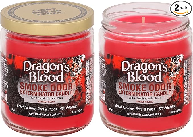 Smoke Odor Exterminator 13 oz Jar Candles Dragon's Blood, (2)