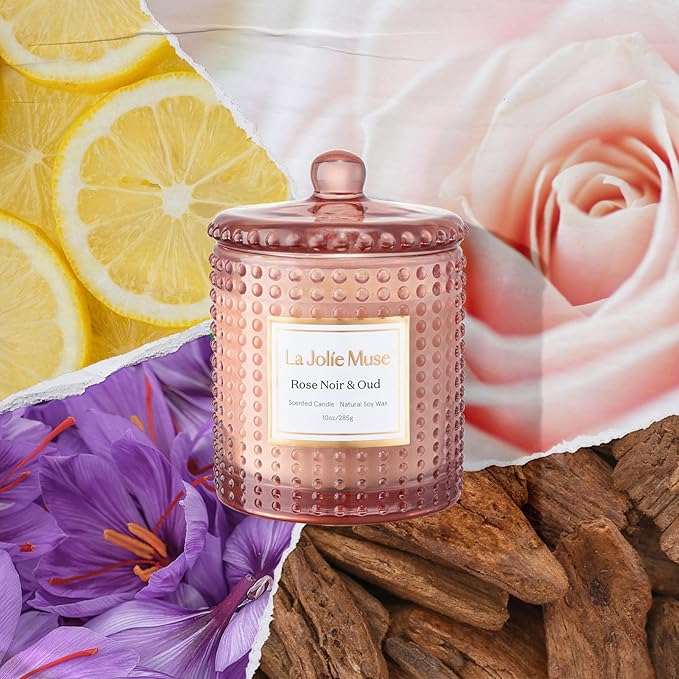 LA JOLIE MUSE Rose Noir & Oud Scented Candle – Lemon, Rose & Oud | 10 oz Natural Soy Wax | 55 Hours Clean Burn | Gift for Hosts & Gathering| Elegant Home Décor