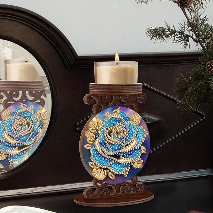 Diamond Art Painting Candlestick Holder kits, Blue Rose DIY shaped crystal Diamond art painting, woodiness Candle holder for AromaRelax & Home Decor, Christmas Halloween Ornaments (Double-Sided)