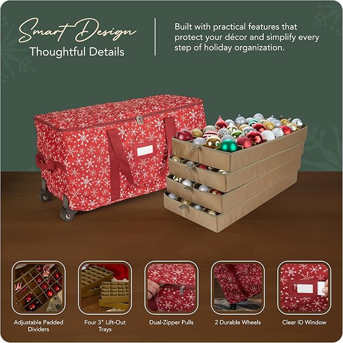 Covermates Keepsakes Rolling Adjustable Ornament Storage Bag – Heavy-Duty Polyester, FlexGrid Trays & Padded Dividers – Protective Holiday Organizer with Wheels, Handles & ID Window, Red Snowflake