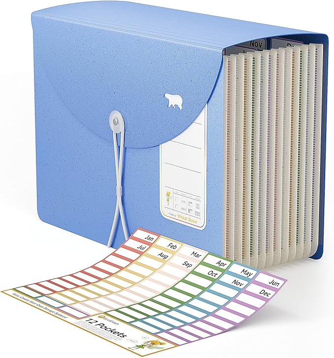 EcoStash 12-Pocket Wheat Straw Expanding File Folder, Adorable Polar Bear Cut-Out, Portable Monthly Bill & Tax Receipt Organizer, Letter/A4 Size -UN Blue Polar Bear
