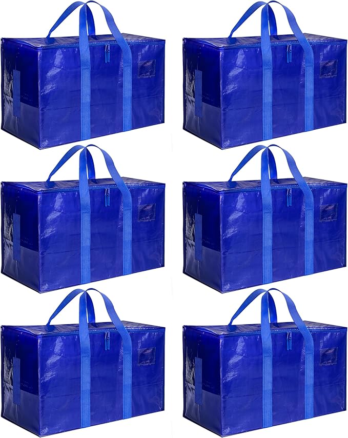 HealSmart 6 Pack Large Moving Bags with Zippers & Handles, Moving Supplies with lids, Heavy Duty Totes for Space Saving, Fold Flat, Moving and Storing, Blue