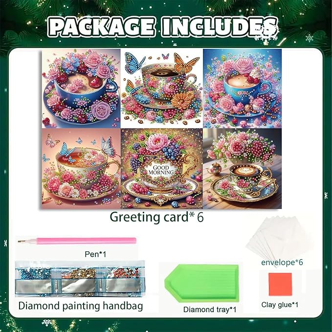 DoxQcs 5D Diamond Art Painting Greeting Cards Kit, DIY Cards for Blessings Congratulations Gifts, Greeting Card Set for Birthday Thanksgiving Day Christmas Halloween-Morning Tea