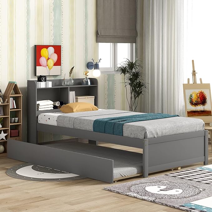 Harper & Bright Designs Twin Bed with Trundle, Twin Bed Frame with Bookcase Headboard, Wood Twin Platform Bed with Pull Out Trundle Bed for Kids Girls Boys, No Box Spring Needed, Grey