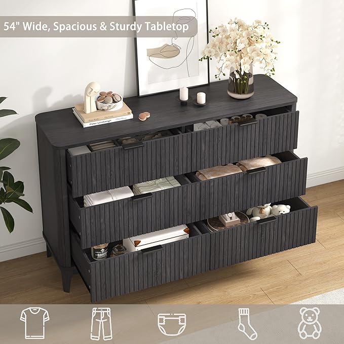 Fluted 6 Drawer Dresser for Bedroom,53'' Wide Large Closet Dresser 6 Chest of Drawers,Wooden Storage Organizer Drawer, Modern TV Stand for Bedroom, Living Room Hallway Black