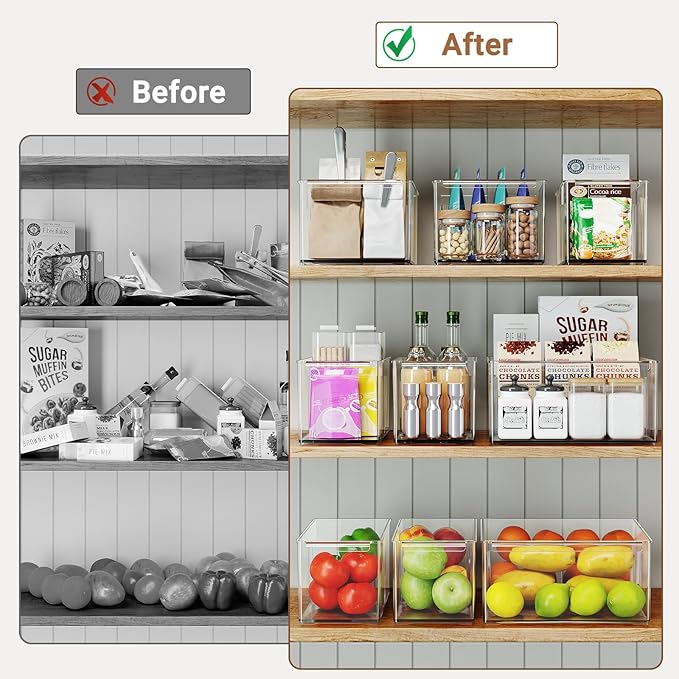 Clear Plastic Storage Bins with Dividers for Fridge Pantry Organizers and Storage Containers, 6 Pack Large Acrylic Stackable Sturdy Storage Boxes for Home Edit and Cabinet Organizers C6-4