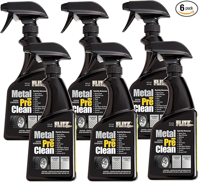 Flitz Metal Pre-Clean - 16oz of USA-Made Stainless Steel Cleaner Spray - Works on Aluminum, Brass, Copper, & More - Tarnish, Rust Remover for Metals - Non-Abrasive Aluminum Deoxidizer (6 Pack)