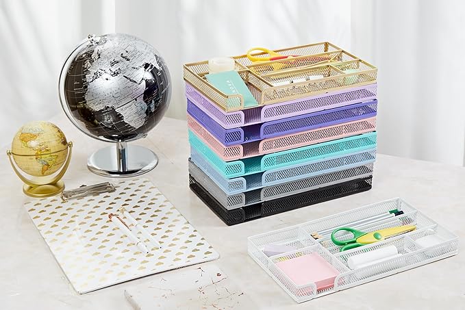Annova Desk Drawer Organizer Tray for Office Organization - Metal Mesh - Storage Tray with Dividers for Pens, Desktop Accessories, Bathroom, Kitchen, Makeup and Office Supplies (Small, Black)