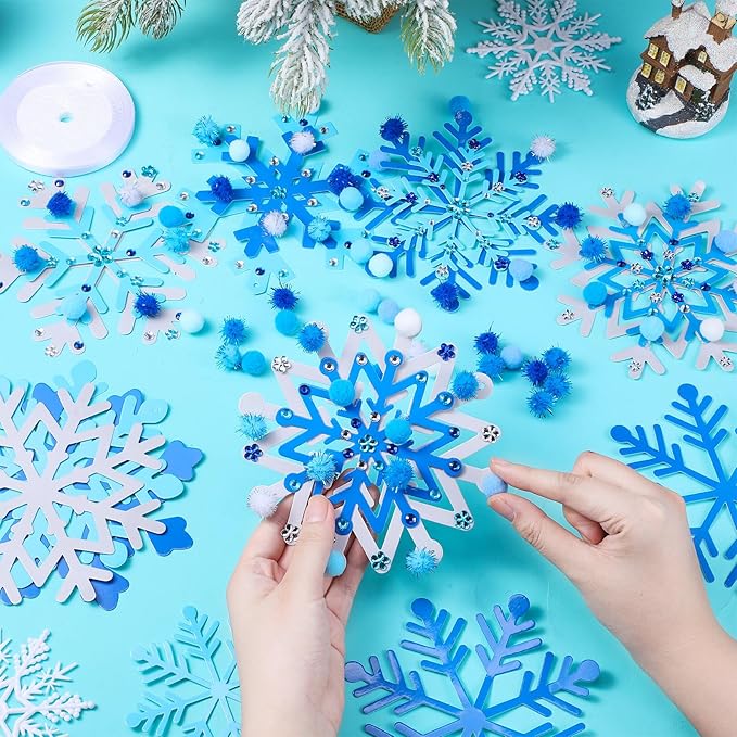 Funrous 48 Sets Snowflake Crafts Kit Winter Paper Crafts DIY White Snowflake Christmas Hanging Ornaments with Pompoms Diamond Stickers for Holiday Classroom Activities Arts Party Favors