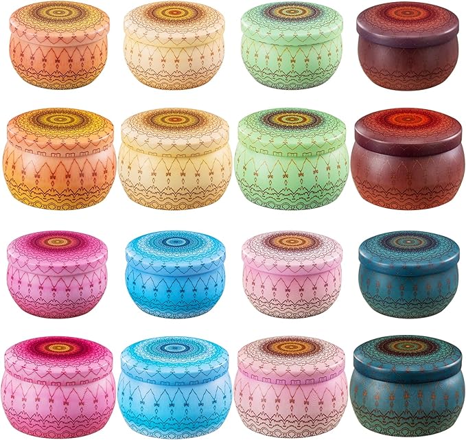 Domivirgo Candle Tins with Lid,16pcs 8 Designs Tinplate Cans with Wicks, Wick Holders, Wick Stickers for Candle Making(2.5oz X 8 PCS &4.5oz X 8 PCS)