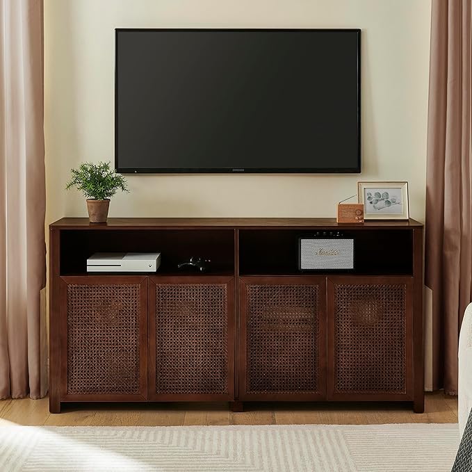 Amposei 63’’ Rattan Sideboard Cabinet, Boho Mid Century Modern Credenza Buffet Table & TV Console with Adjustable Shelves and Open Storage for Living Room, Hallway, Entryway, Kitchen & Dining, Walnut