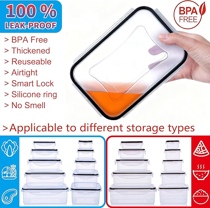 44-Piece Reusable Food Storage Containers with Lids Airtight, Leakproof Plastic Meal Prep Storage Food Grade Kitchen Organizer, Stackable Freezer Containers, Microwave & Dishwasher Safe