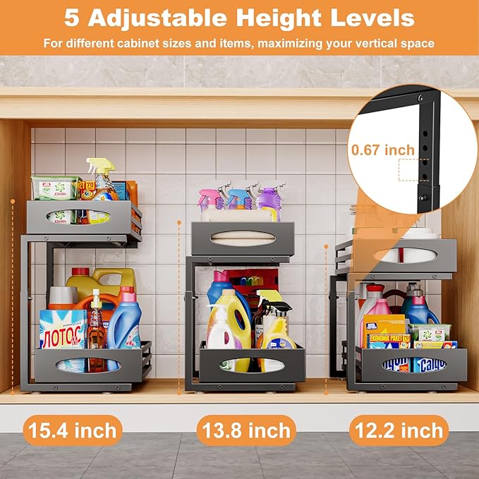 Under Sink Organizer, 2 Tier Under Sink Organizers and Storage, Adjustable Height, Slide out Metal Cabinet Organizers, Pull out Cabinet Storage Drawer Shelf for Kitchen Bathroom (Black, 2)