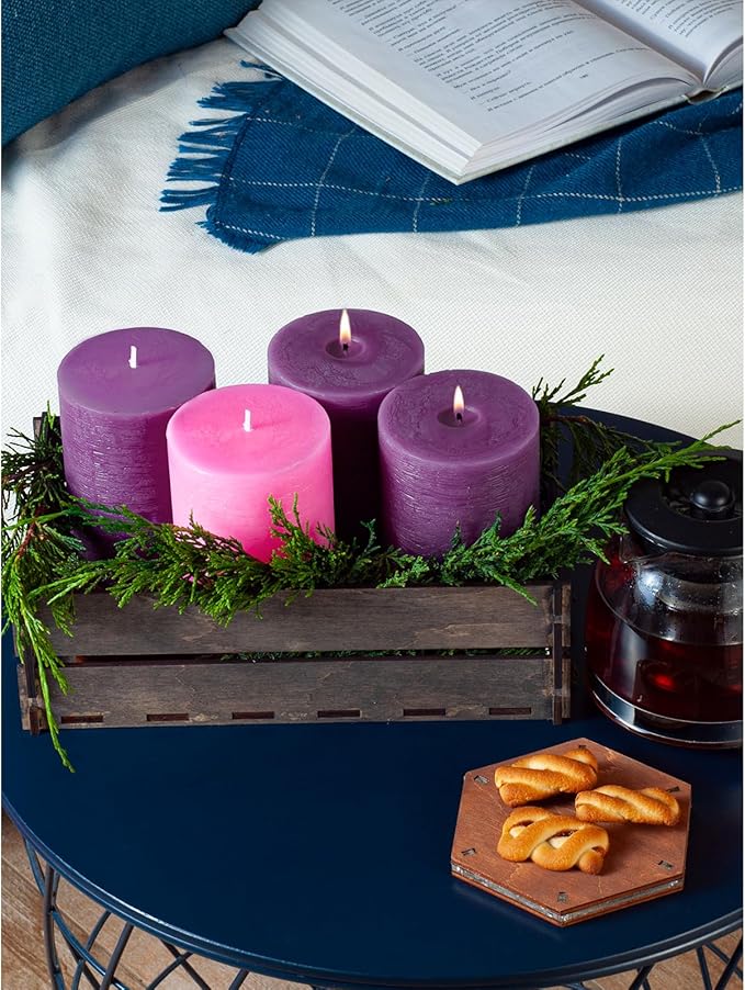 CANDWAX 3x4 Inch Advent Pillar Candles Set of 4 - Long Burning Dripless Unscented Pillar Candles - Rustic Style for Advent Wreaths, Christmas Décor - 3 Purple and 1 Pink Pillars
