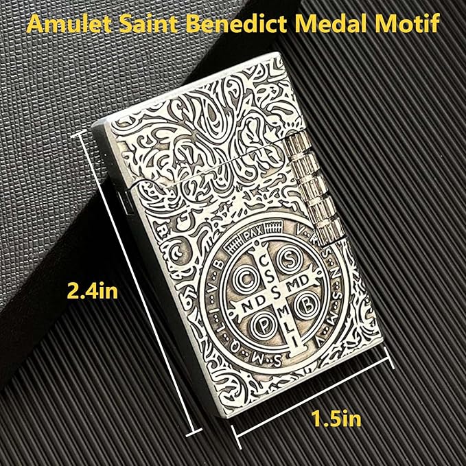 Vintage Butane Lighter, Amulet Saint Benedict Medal Motif, Refillable Lighter Soft Flame, Flip-Top Silver Side Wheel Frosted Pocket Lighter, Gifts for Men, Father, Husband (No Fuel)