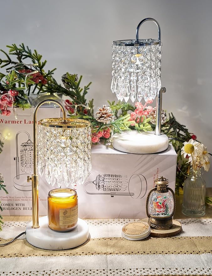 Candle Warmer Lamp with Timer Dimmable, Birthday Gifts for Women, Wax Melt Warmer for House Warming Gifts New Home Decor, Adjustable Height Crystal Candle Lamp for Jar Candles with 3 Bulbs, Gold