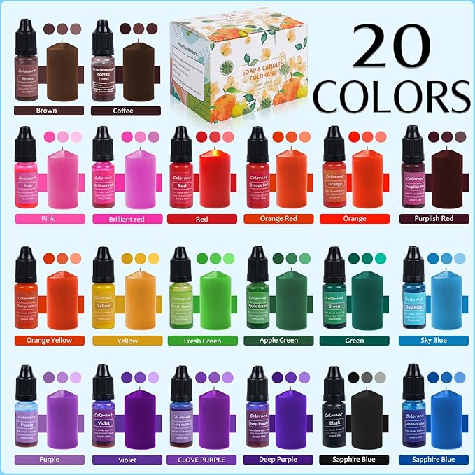20 Vibrant Colors Candle Dye - Highly Concentrated Liquid Candle Colorant for Soy Wax