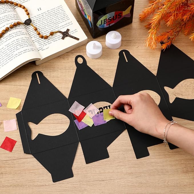 Simgoing 12 Sets Religious Fish Crafts with LED Candle Light Sunday School Crafts DIY Faith Jesus Fish Tissue Paper Kits Religious Hanging Ornament for Church VBS Classroom Activities