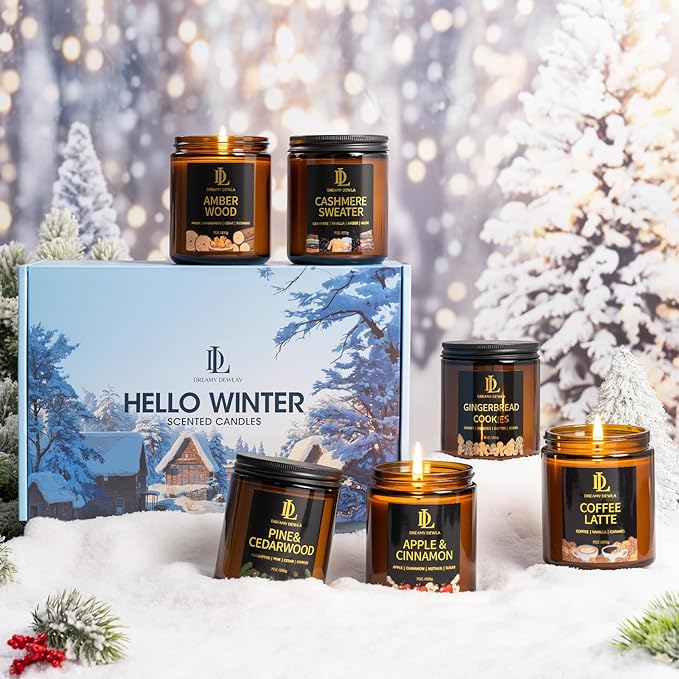 Winter Candle Set, 6 Pack Soy Candles for Home,Candle Gifts for Women Men, Winter Scents of Gingerbread/Apple Cinnamon/Coffee Latte/Pine Cedarwood/Amber Wood/Cashmere Sweater