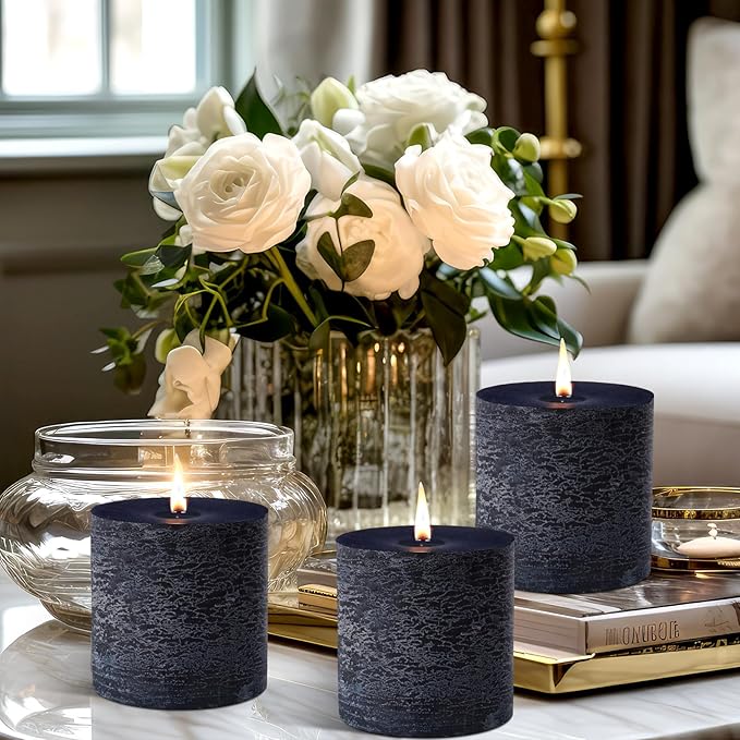 Sumind Valentine's Day Handmade 3x3 Inch Pillar Candles Set of 3, 24 Hour Long Burning Unscented Rustic No Drip Ivory Candles Hand Poured for Spring Home Decor, Weddings, Parties,Dinner,Church(Blue)