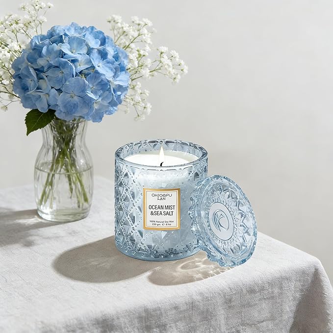 Chloefu LAN Ocean Candles Sea and Salt Candle with up to 55 Hour Long Lasting, Highly Scented, Luxury Air Freshening Jar Candles - Perfect Home Decor, Natural Soy Wax, Beach Candle, 8.1oz