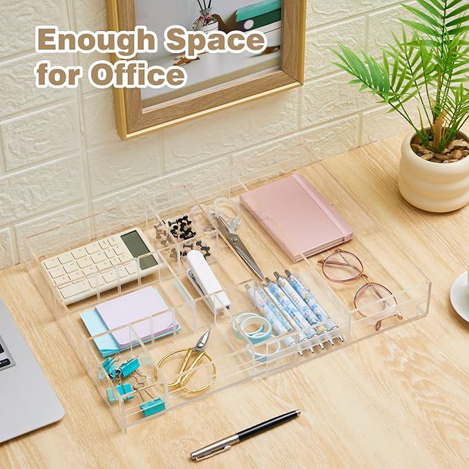 Briwooody 2 Pcs Acrylic Desk Drawer Organizer Maximum 11.8 x 17 x 1.9 Inch Expandable Drawer Organizer Trays with 7 Adjustable Compartments Desk Accessories for Makeup Silverware Office Bathroom