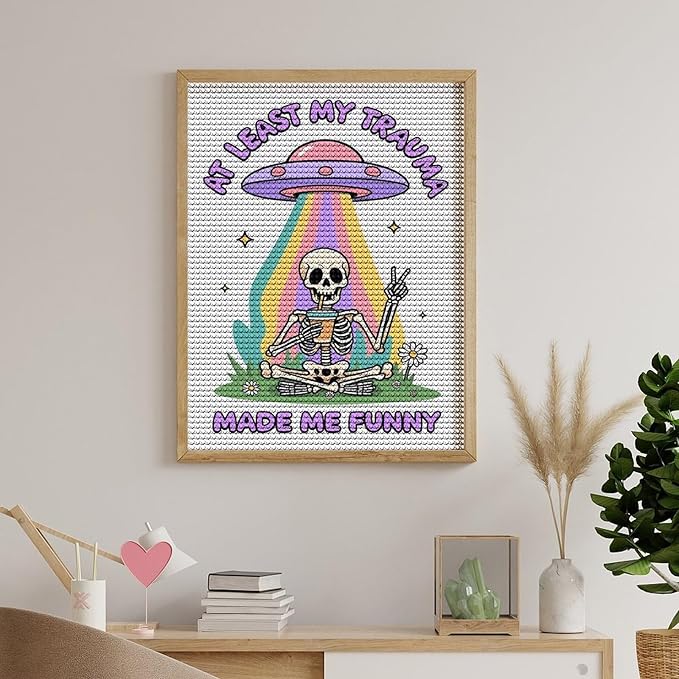 KIVJMSIDJA Skull Skeleton “At Least My Trauma Made Me Funny” Diamond Art Kits for Adults for Beginners, 5D Full Diamond Art Paint 12"x16"