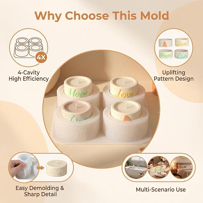 4-Cavity Silicone Candle Mold, Embossed Candle Holder Mold with English Words, Hand Gestures & Polka Dots for DIY Pillar Candles, Resin, Soap, Plaster - Make Elegant Home Decor（5523）