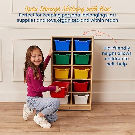 ECR4Kids 10 Cubby Tray Cabinet with Scoop Front Storage Bins, 5x2, Classroom Furniture, Assorted