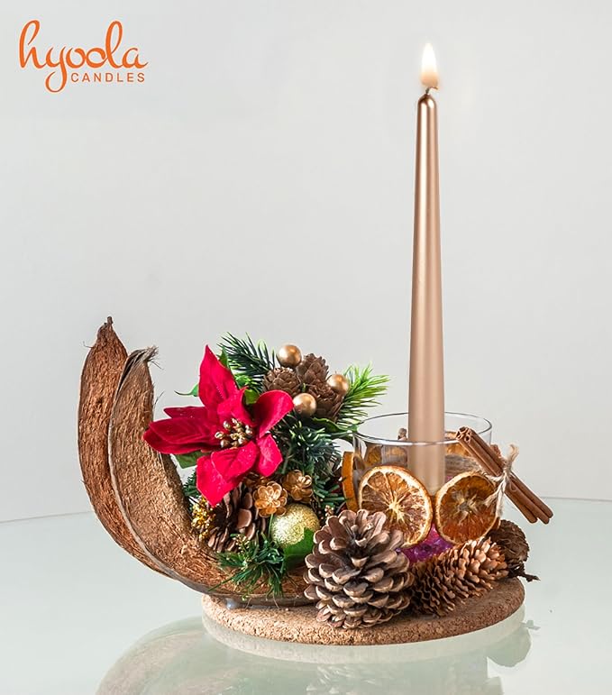 Hyoola 12 Pack Tall Metallic Taper Candles - 10 Inch Copper Metallic, Dripless, Unscented Dinner Candle - Paraffin Wax with Cotton Wicks