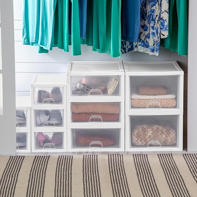 Sterilite 12-Pack 6 Quart Stacking Drawer, Clear Storage Closet Organizer, White Frame - Stackable Modular Plastic Drawers for Clothes, Accessories, Craft Supplies, Shoes or Linens